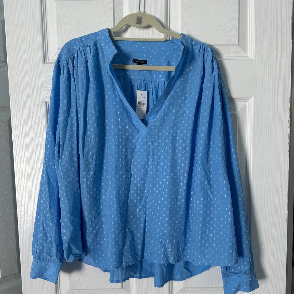 Ann Taylor Blue Clip V-Neck popover Blouse with Dot Pattern in Clear Skies